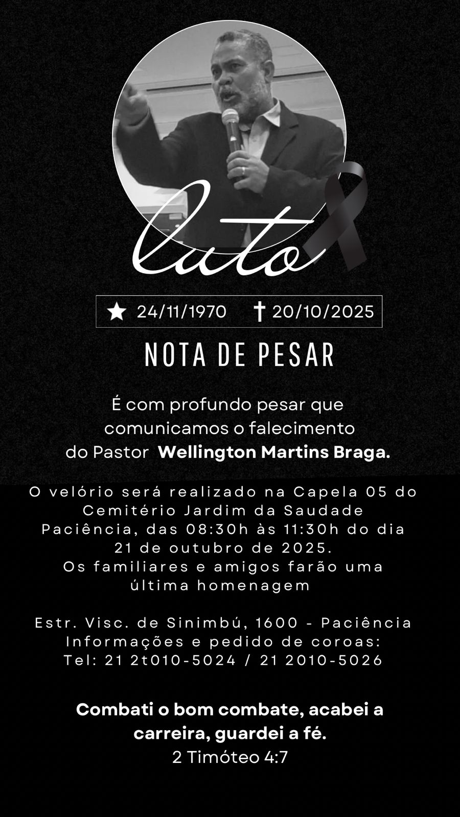 Nota de pesar e solidariedade pelo falecimento do Pastor Wellington Martins Braga